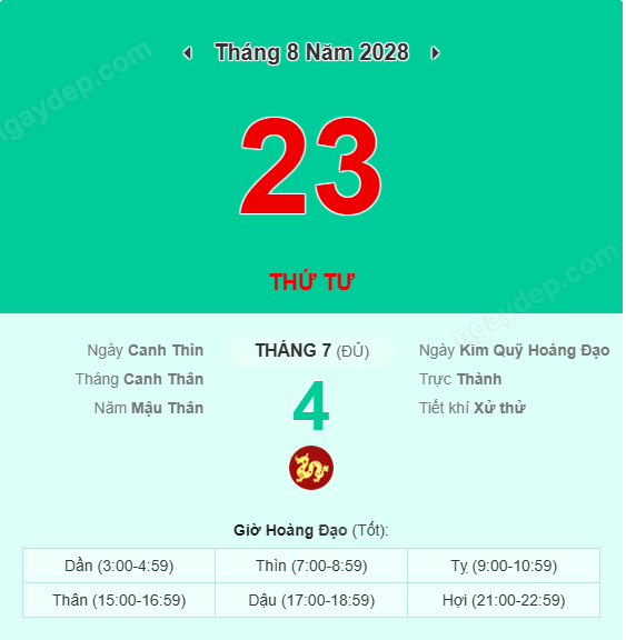 Xem lịch âm ngày 23 tháng 8 năm 2028