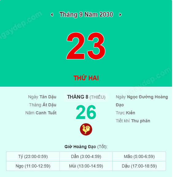 Xem lịch âm ngày 23 tháng 9 năm 2030