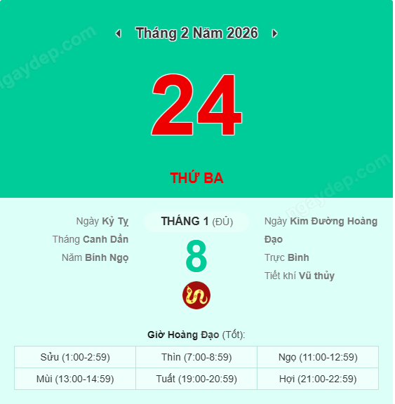 Xem lịch âm ngày 24 tháng 2 năm 2026