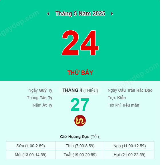 Xem lịch âm ngày 24 tháng 5 năm 2025