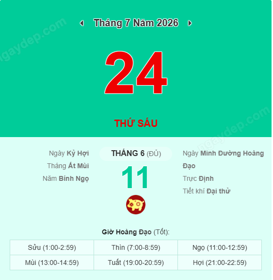 Xem lịch âm ngày 24 tháng 7 năm 2026