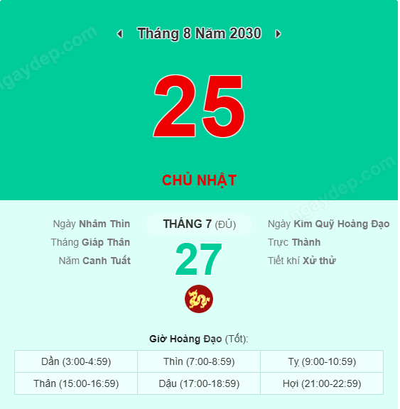 Xem lịch âm ngày 25 tháng 8 năm 2030