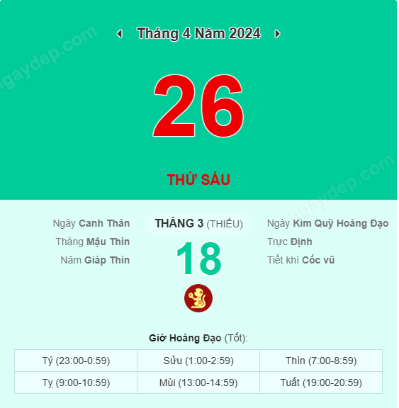 Xem lịch âm ngày 26 tháng 4 năm 2024