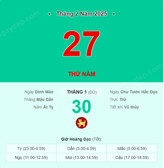 Xem lịch âm ngày 27 tháng 2 năm 2025