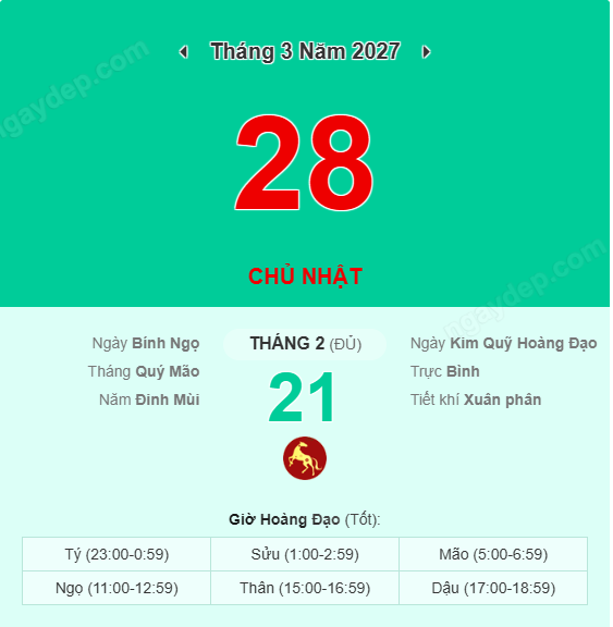 Xem lịch âm ngày 28 tháng 3 năm 2027