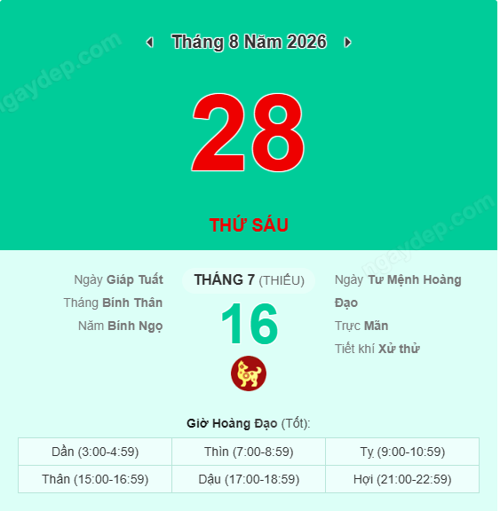 Xem lịch âm ngày 28 tháng 8 năm 2026