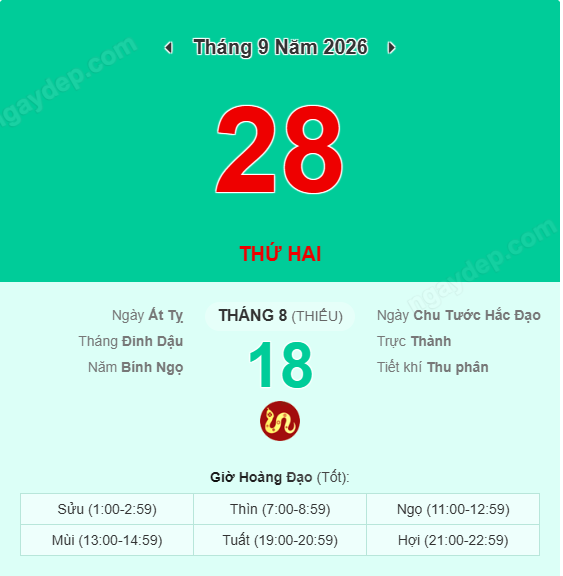 Xem lịch âm ngày 28 tháng 9 năm 2026