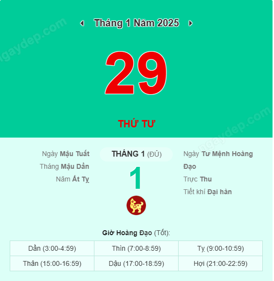 Xem lịch âm ngày 29 tháng 1 năm 2025