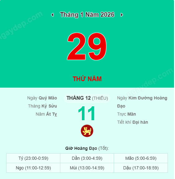 Xem lịch âm ngày 29 tháng 1 năm 2026