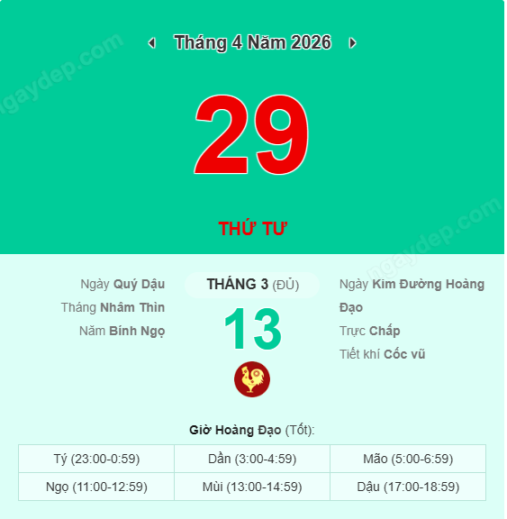 Xem lịch âm ngày 29 tháng 4 năm 2026