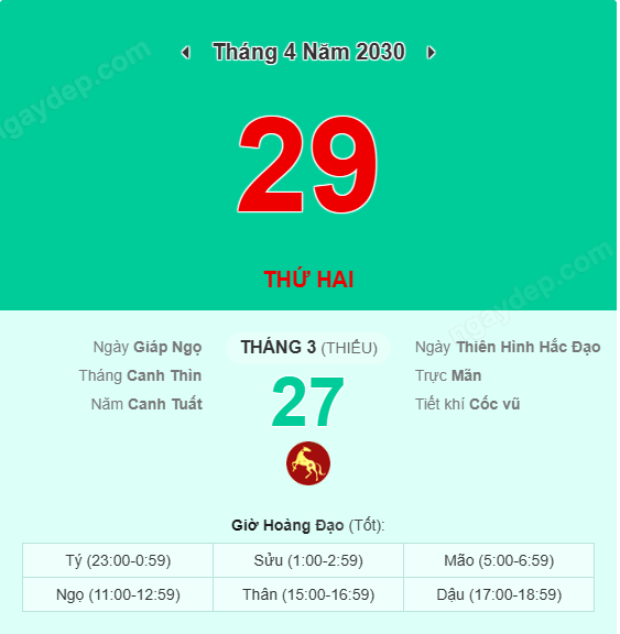 Xem lịch âm ngày 29 tháng 4 năm 2030