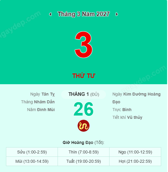 Xem lịch âm ngày 3 tháng 3 năm 2027