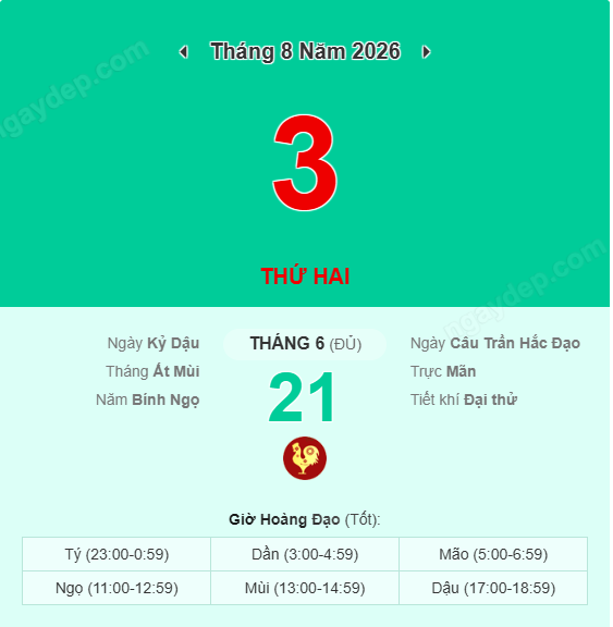 Xem lịch âm ngày 3 tháng 8 năm 2026