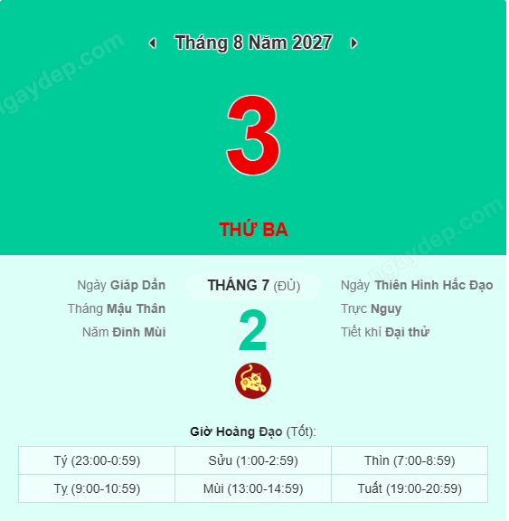 Xem lịch âm ngày 3 tháng 8 năm 2027