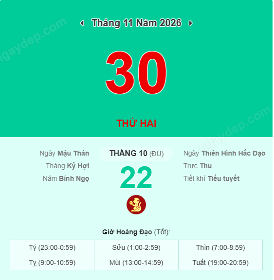 Xem lịch âm ngày 30 tháng 11 năm 2026