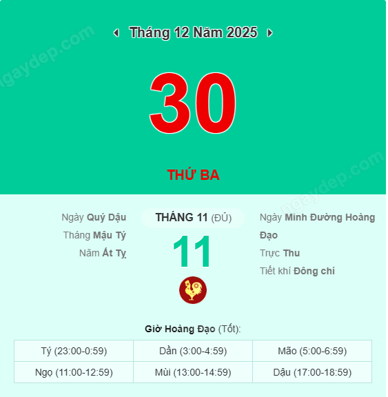 Xem lịch âm ngày 30 tháng 12 năm 2025