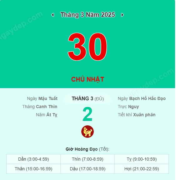 Xem lịch âm ngày 30 tháng 3 năm 2025