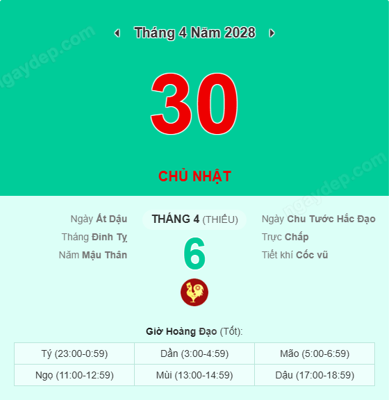 Xem lịch âm ngày 30 tháng 4 năm 2028