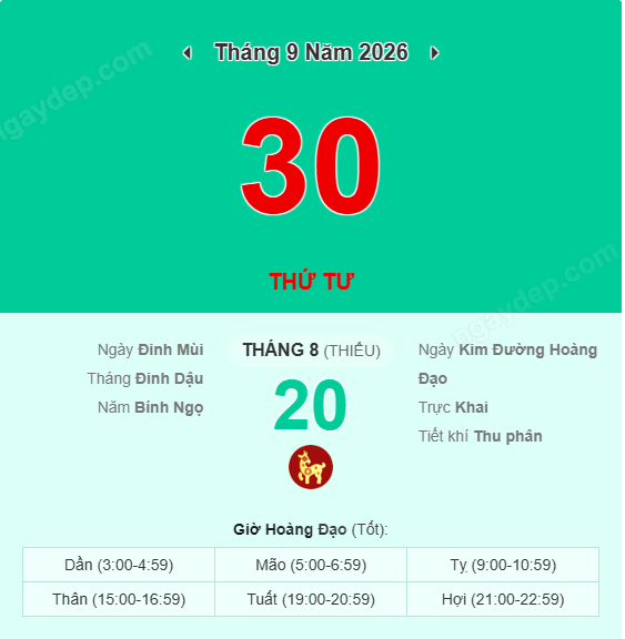 Xem lịch âm ngày 30 tháng 9 năm 2026