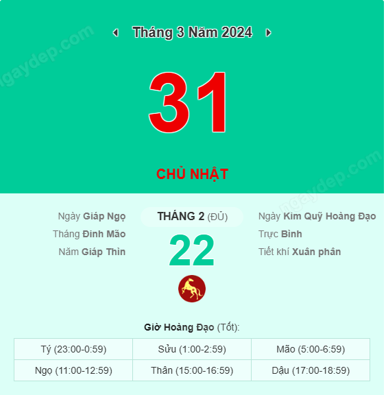 Xem lịch âm ngày 31 tháng 3 năm 2024