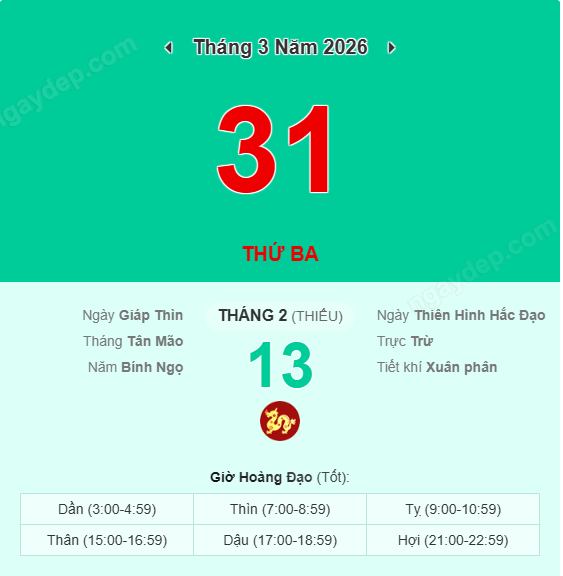 Xem lịch âm ngày 31 tháng 3 năm 2026