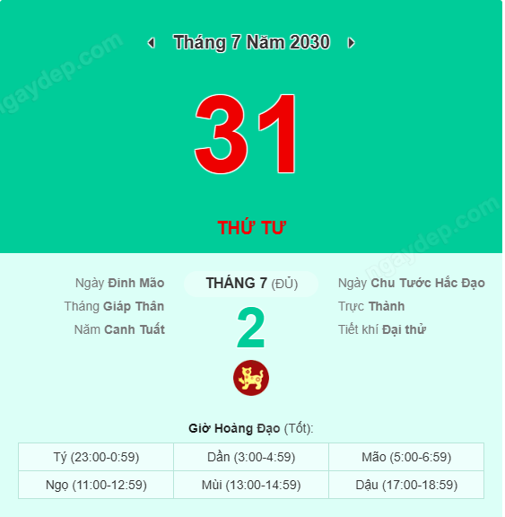 Xem lịch âm ngày 31 tháng 7 năm 2030