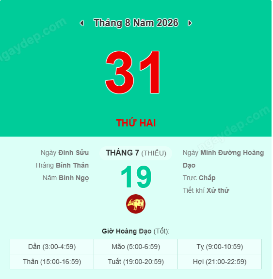 Xem lịch âm ngày 31 tháng 8 năm 2026