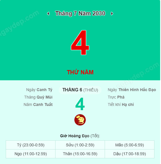 Xem lịch âm ngày 4 tháng 7 năm 2030