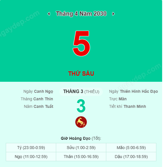 Xem lịch âm ngày 5 tháng 4 năm 2030