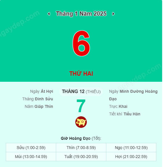 Xem lịch âm ngày 6 tháng 1 năm 2025