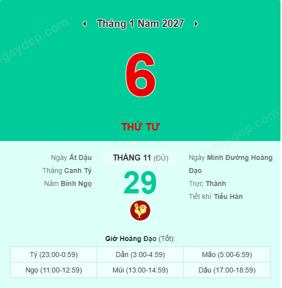 Xem lịch âm ngày 6 tháng 1 năm 2027