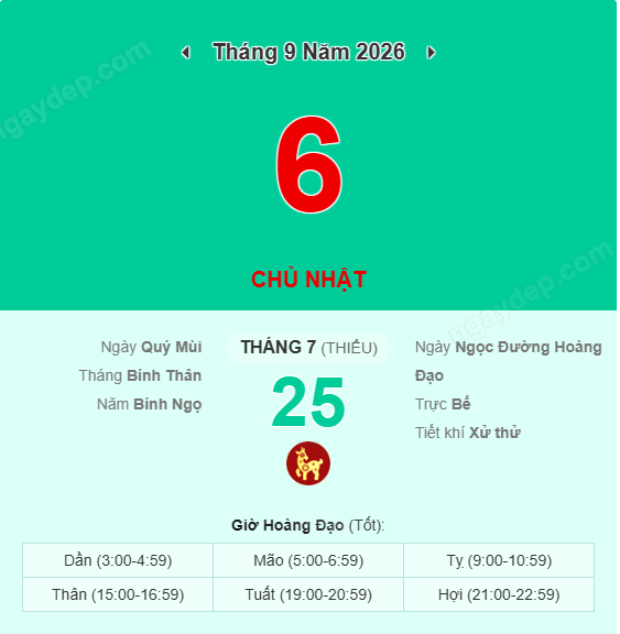 Xem lịch âm ngày 6 tháng 9 năm 2026