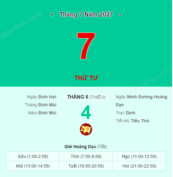 Xem lịch âm ngày 7 tháng 7 năm 2027