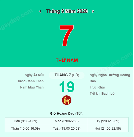 Xem lịch âm ngày 7 tháng 9 năm 2028