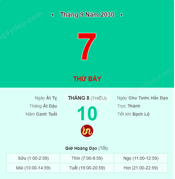 Xem lịch âm ngày 7 tháng 9 năm 2030