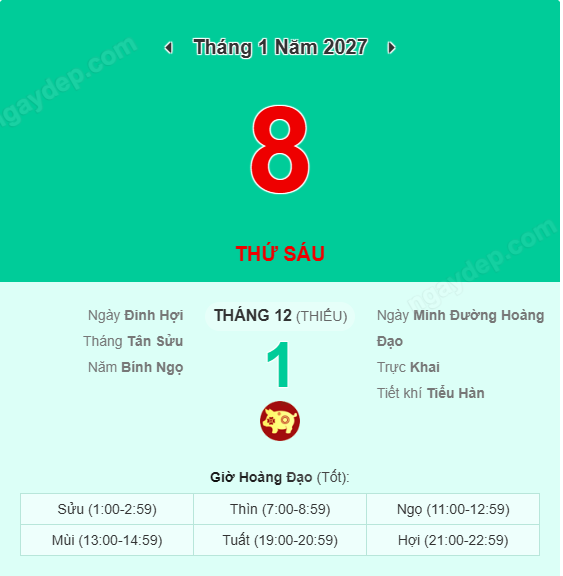 Xem lịch âm ngày 8 tháng 1 năm 2027