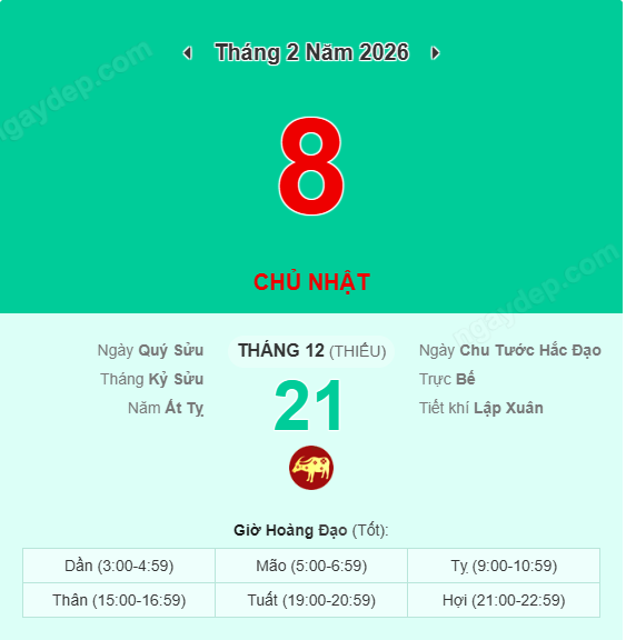 Xem lịch âm ngày 8 tháng 2 năm 2026