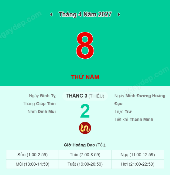 Xem lịch âm ngày 8 tháng 4 năm 2027