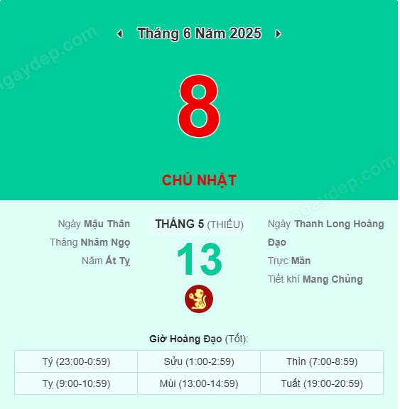 Xem lịch âm ngày 8 tháng 6 năm 2025