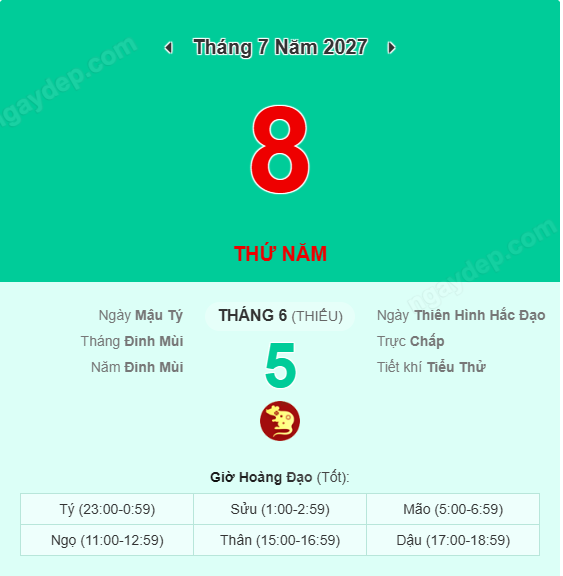 Xem lịch âm ngày 8 tháng 7 năm 2027