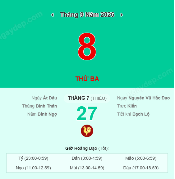 Xem lịch âm ngày 8 tháng 9 năm 2026