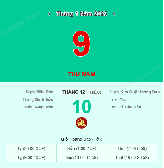 Xem lịch âm ngày 9 tháng 1 năm 2025