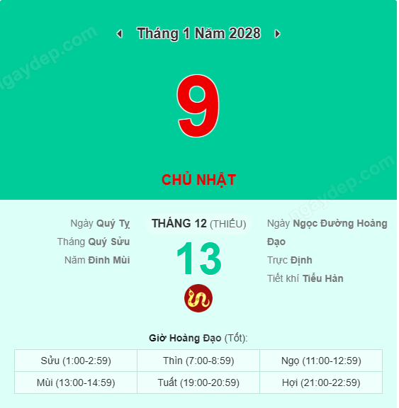 Xem lịch âm ngày 9 tháng 1 năm 2028