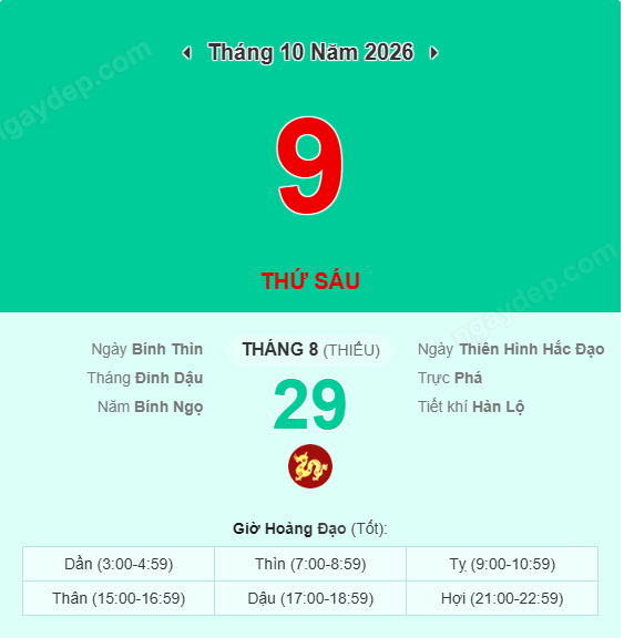 Xem lịch âm ngày 9 tháng 10 năm 2026