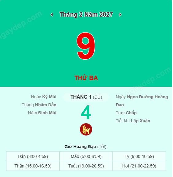 Xem lịch âm ngày 9 tháng 2 năm 2027