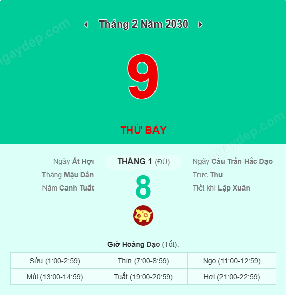 Xem lịch âm ngày 9 tháng 2 năm 2030