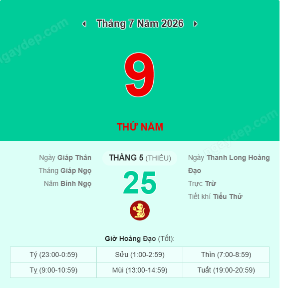 Xem lịch âm ngày 9 tháng 7 năm 2026