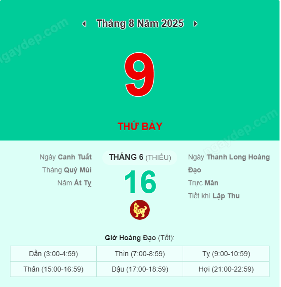 Xem lịch âm ngày 9 tháng 8 năm 2025