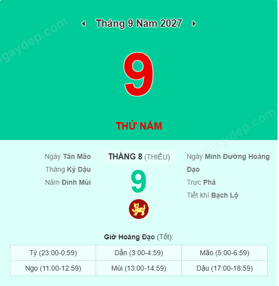 Xem lịch âm ngày 9 tháng 9 năm 2027