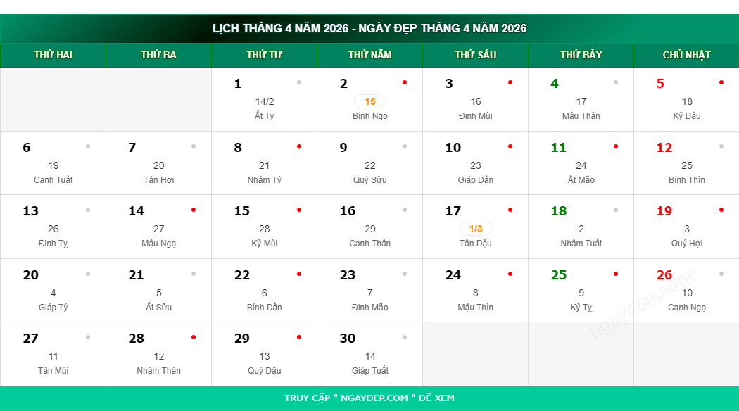  Lịch vạn niên tháng 4 năm 2026 - Xem lịch âm dương tháng 4/2026 Illustration 